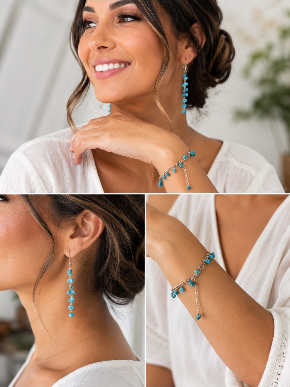 Turquoise Bead Dangle Earrings and Bracelet Set - New